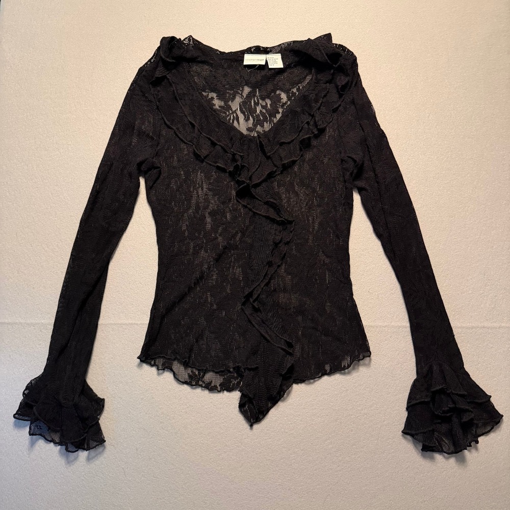 Vintage Newport News Sheer Ruffle Lace Top Blouse Black Long Sleeve Women Medium